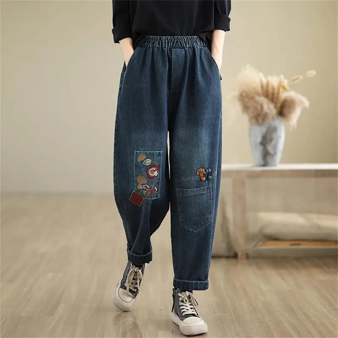 Women High Waist Casual Jeans Vintage Style Floral Embroidery Basics Denim Harem Pants