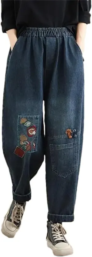 Women High Waist Casual Jeans Vintage Style Floral Embroidery Basics Denim Harem Pants