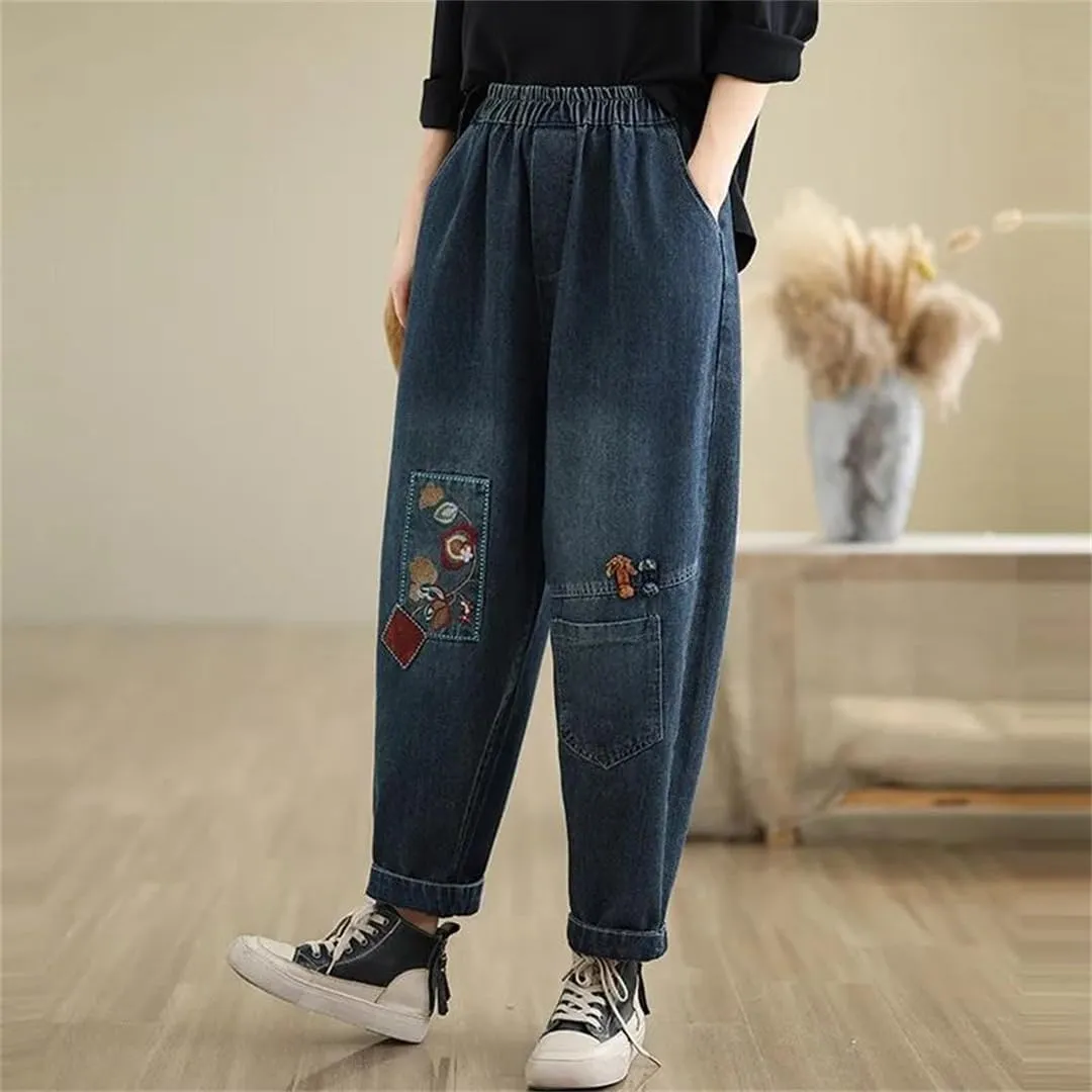 Women High Waist Casual Jeans Vintage Style Floral Embroidery Basics Denim Harem Pants