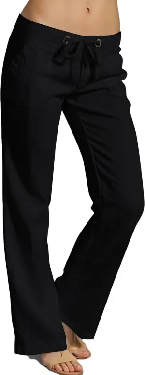 Women Linen Pants Pants Summer Wide Leg Solid Casual Linen Drawstring Cropped with Pockets Lounge