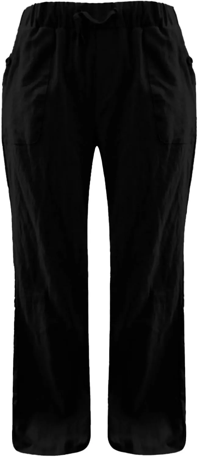 Women Linen Pants Pants Summer Wide Leg Solid Casual Linen Drawstring Cropped with Pockets Lounge