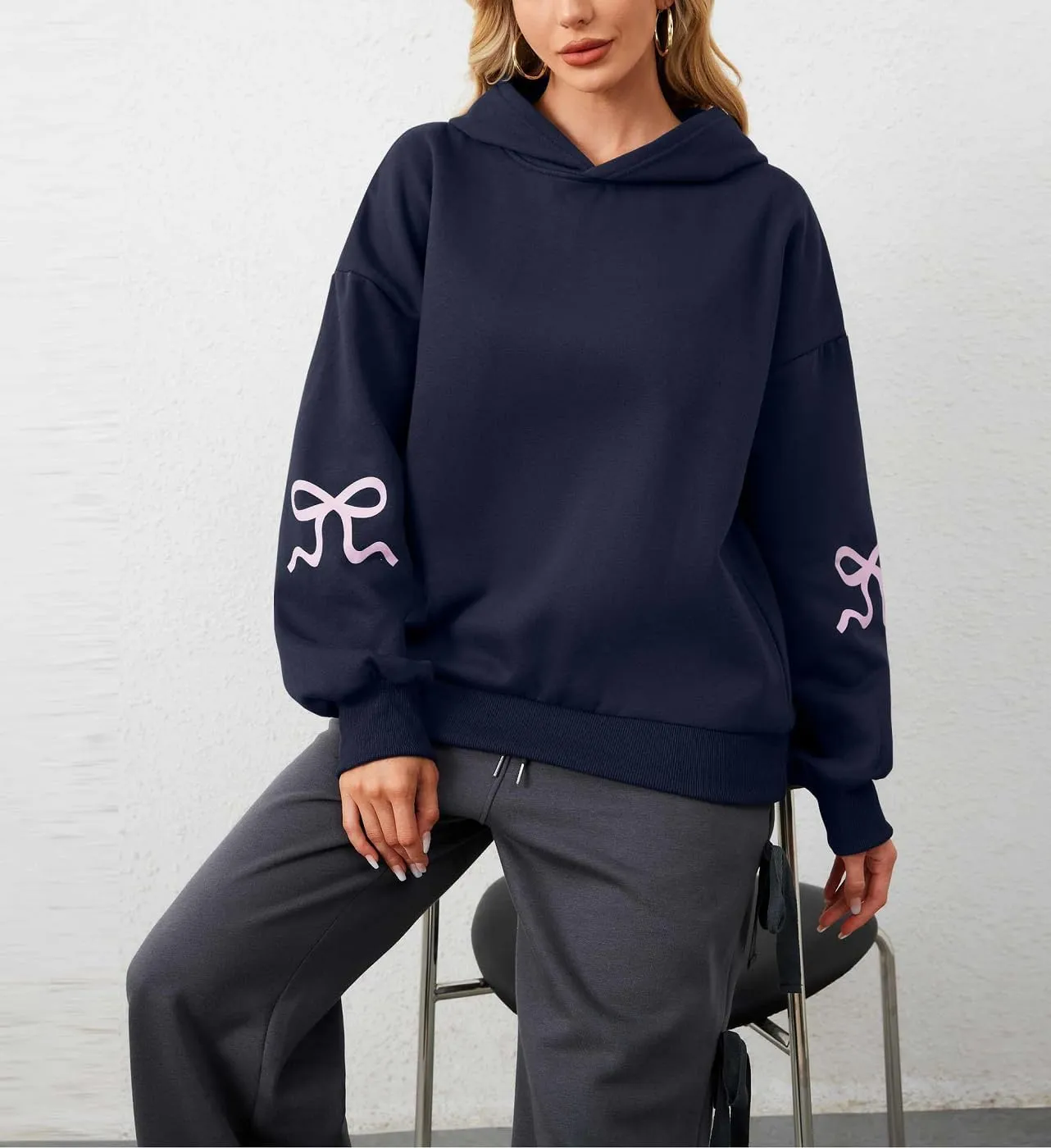Women Oversized Bow Hoodies Long Sleeve Cute Graphic Hooded Sweatshirts Preppy Aesthetic Pullover Top