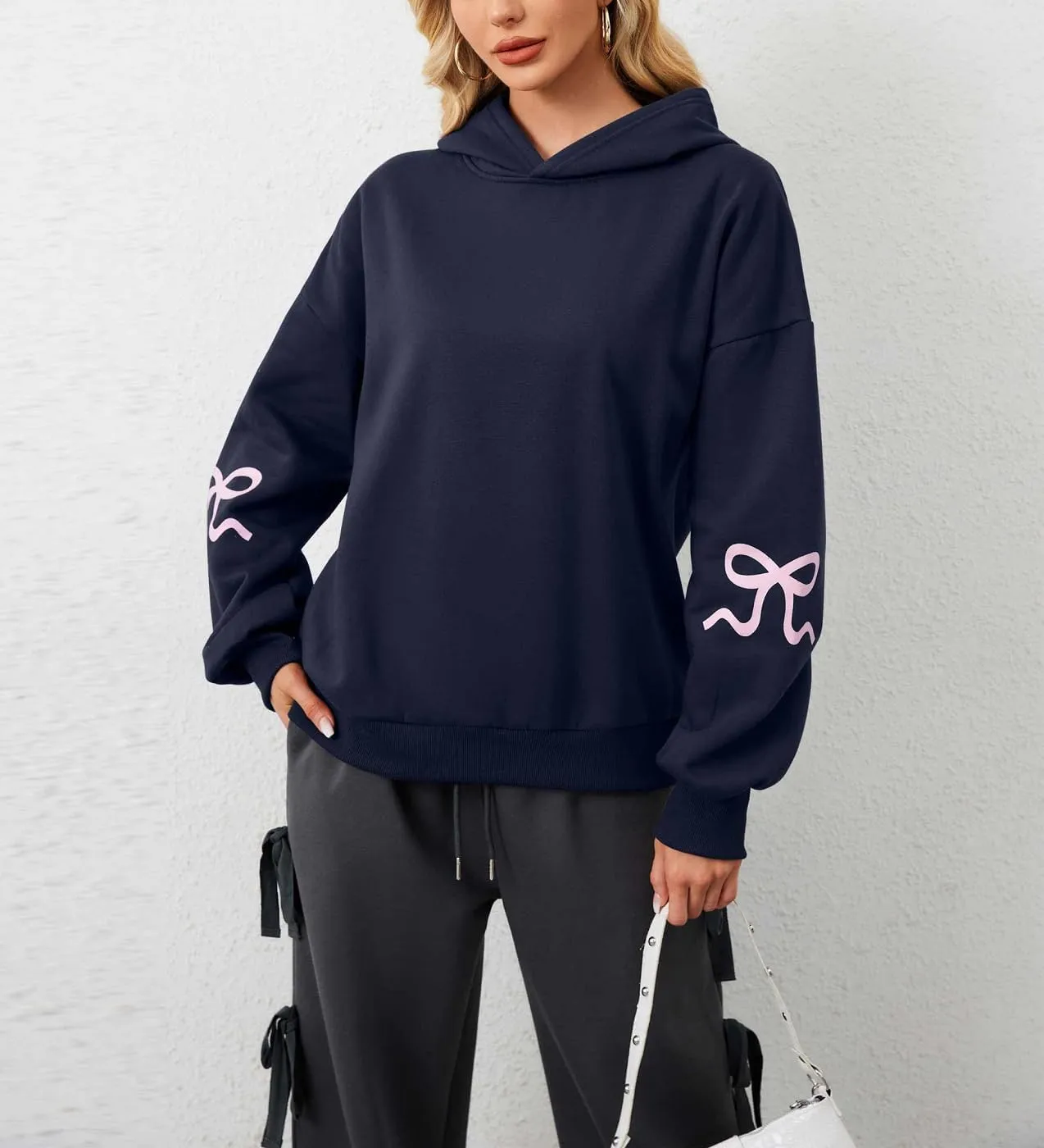 Women Oversized Bow Hoodies Long Sleeve Cute Graphic Hooded Sweatshirts Preppy Aesthetic Pullover Top