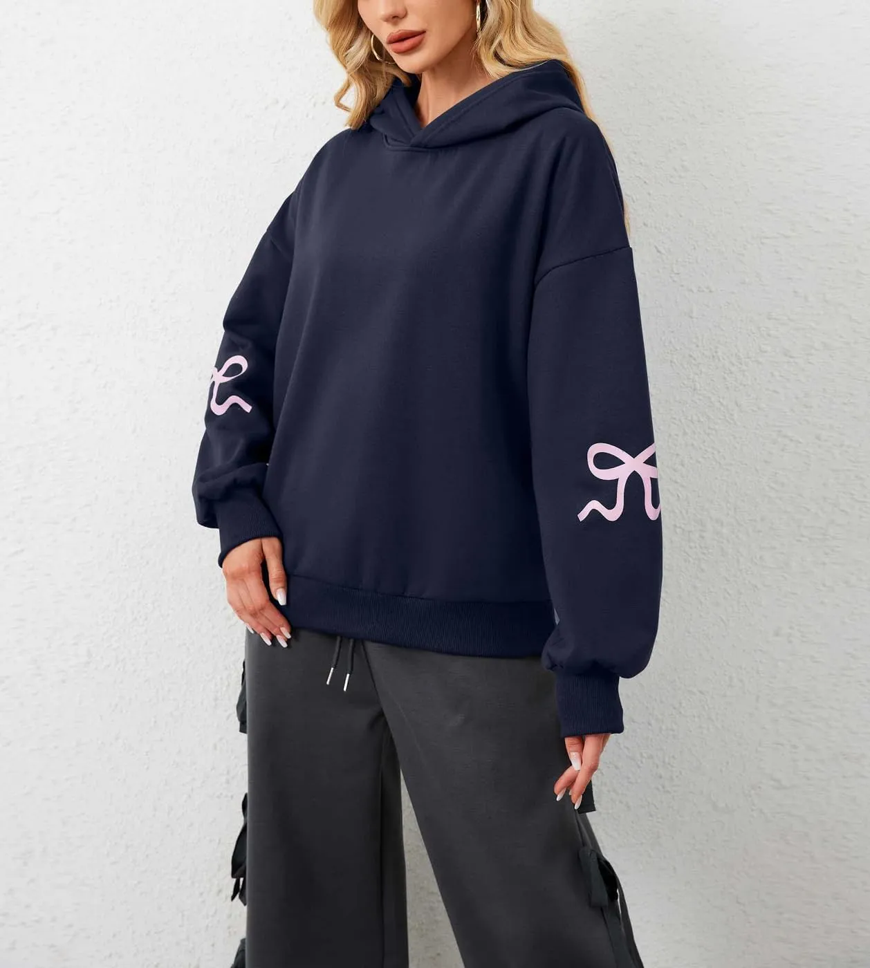 Women Oversized Bow Hoodies Long Sleeve Cute Graphic Hooded Sweatshirts Preppy Aesthetic Pullover Top