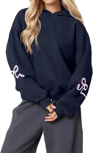 Women Oversized Bow Hoodies Long Sleeve Cute Graphic Hooded Sweatshirts Preppy Aesthetic Pullover Top