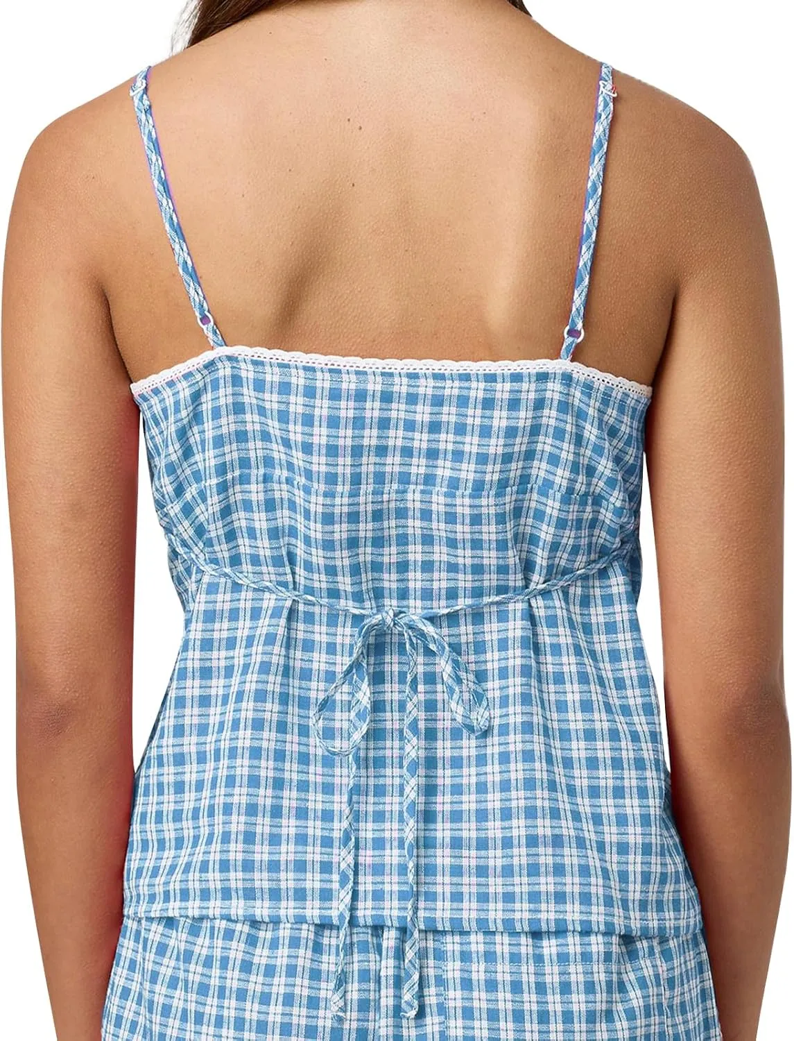Women Plaid Spaghetti Strap Tops Y2k Lace Trim V Neck Backless Camisole Summer Slim Fit Sleeveless Tank Top