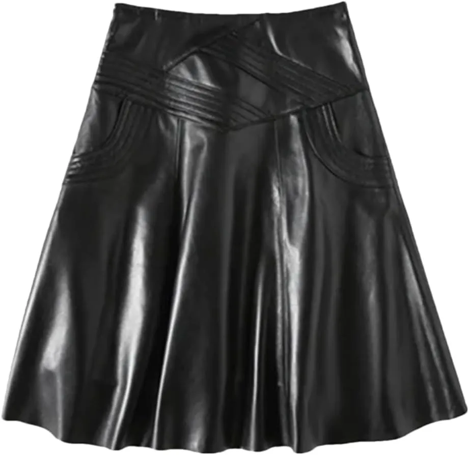 Women Plus Size Skirt Women High Waist Midi Leather Skirt Female Pleated Skirt