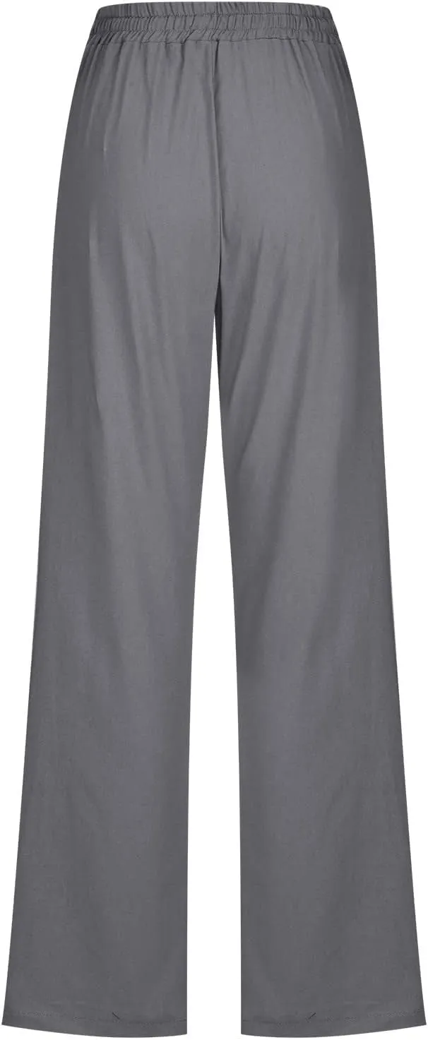 Women Summer Casual Cotton Linen Pants Solid Sports Lounge Beach Trousers Slim High Elastic Waist Pants with Pockets