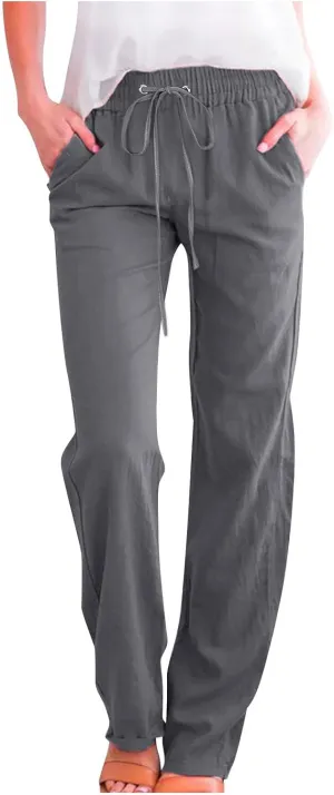 Women Summer Casual Cotton Linen Pants Solid Sports Lounge Beach Trousers Slim High Elastic Waist Pants with Pockets