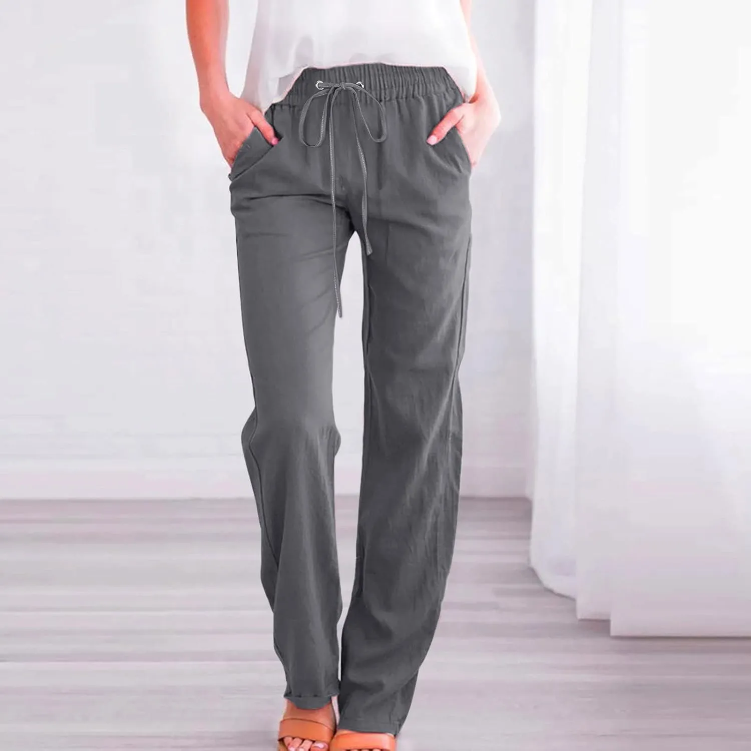Women Summer Casual Cotton Linen Pants Solid Sports Lounge Beach Trousers Slim High Elastic Waist Pants with Pockets