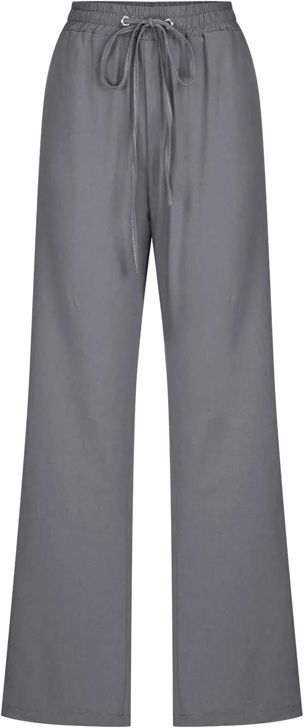 Women Summer Casual Cotton Linen Pants Solid Sports Lounge Beach Trousers Slim High Elastic Waist Pants with Pockets
