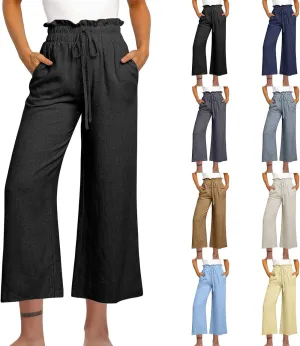 Women Summer Wide Leg Capri Pants Casual Fashion High Waist Solid Cotton Linen Pants Lounge Beach Trousers
