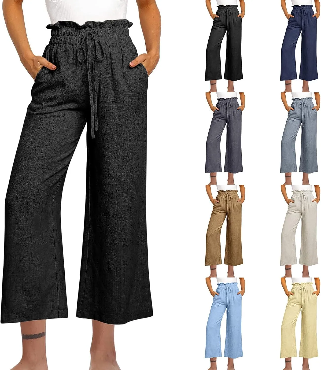 Women Summer Wide Leg Capri Pants Casual Fashion High Waist Solid Cotton Linen Pants Lounge Beach Trousers
