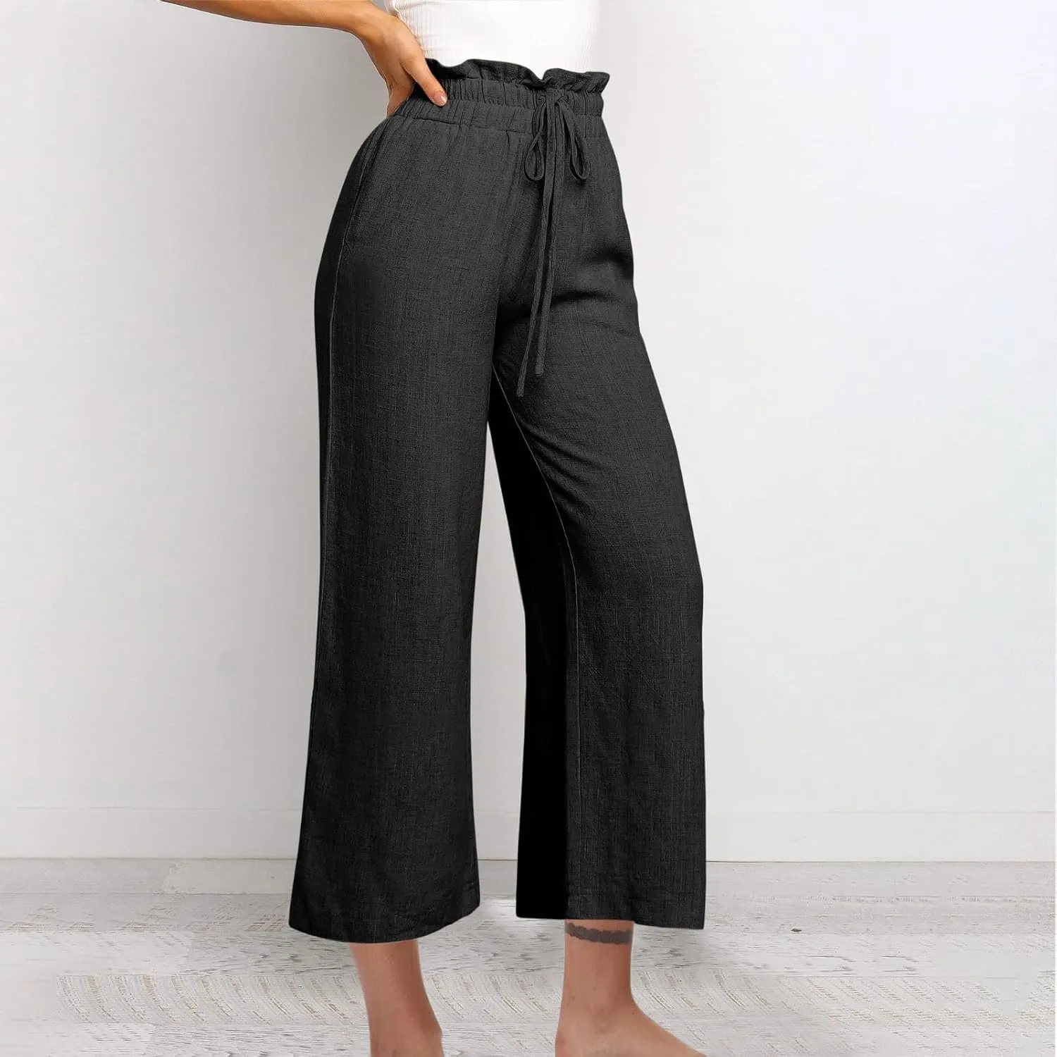 Women Summer Wide Leg Capri Pants Casual Fashion High Waist Solid Cotton Linen Pants Lounge Beach Trousers