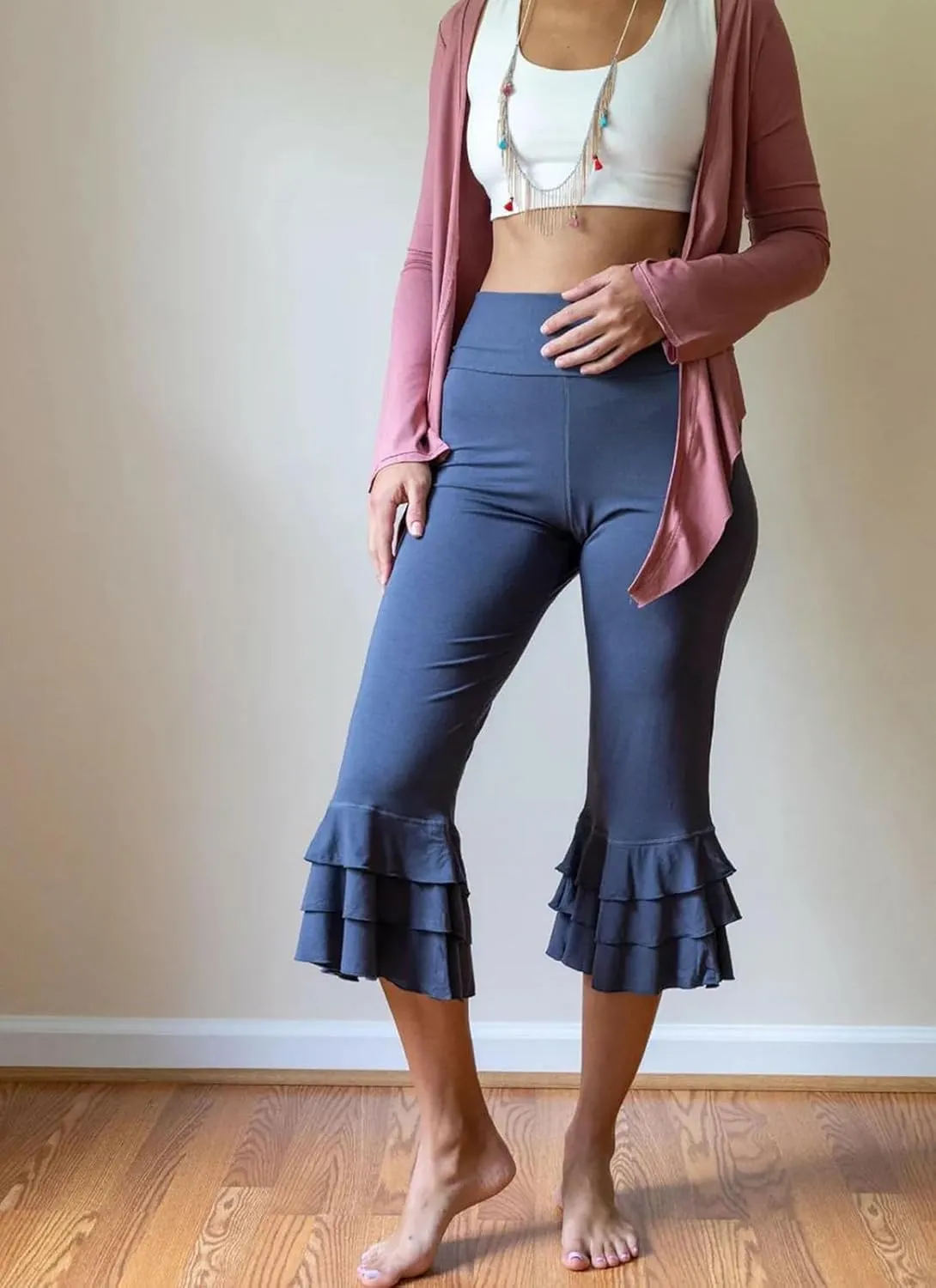 Women Y2K Capri Pants Lace Ruffle Knee Length Cropped Sweatpants Summer Casual Tie-Up Stretch Crop Leggings