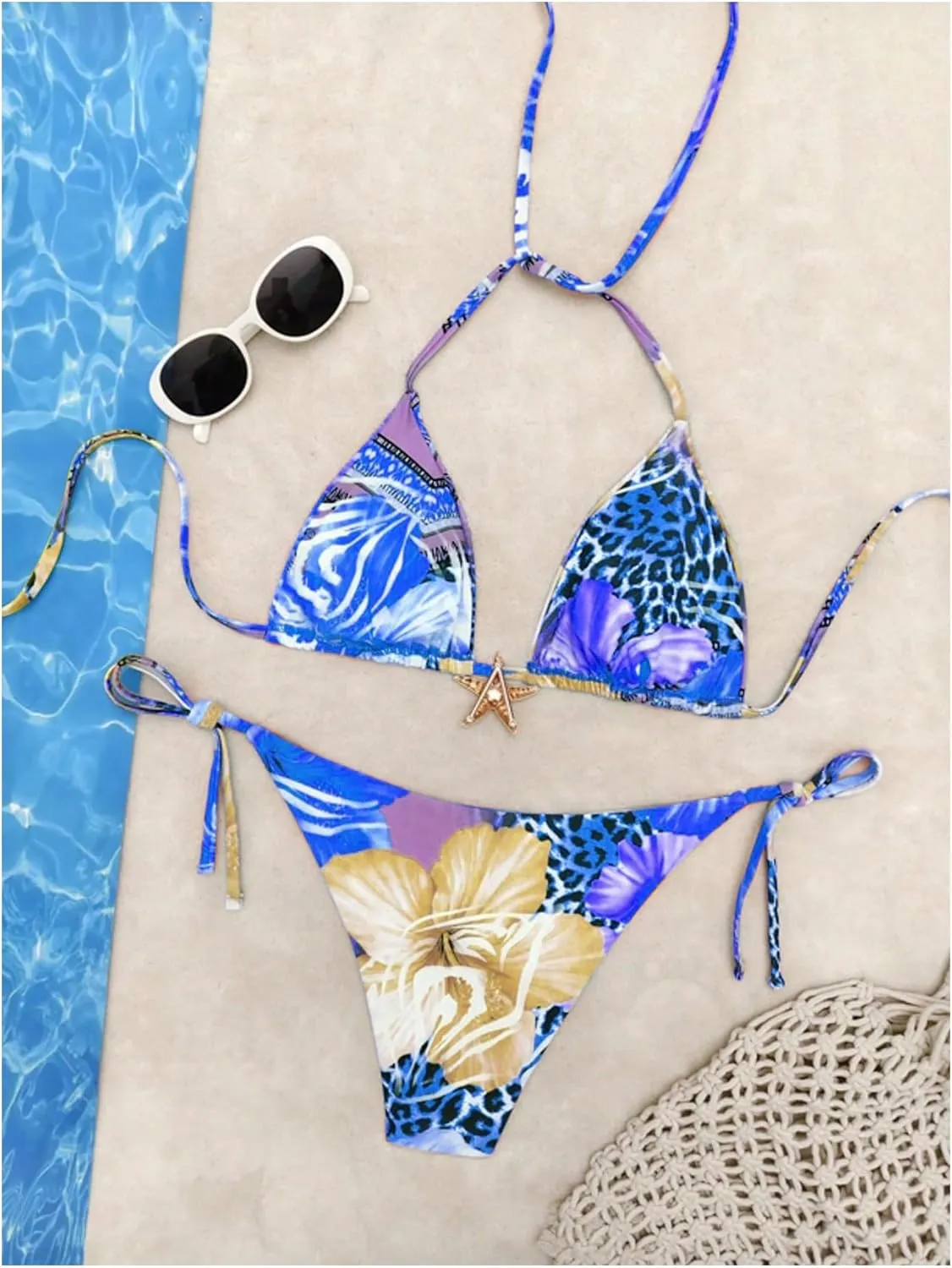 Women's 2 Piece Leopard Floral Bikini Sets Halter Triangle String Bathing Suit Starfish Metal Swimsuits