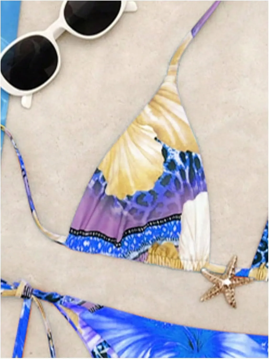 Women's 2 Piece Leopard Floral Bikini Sets Halter Triangle String Bathing Suit Starfish Metal Swimsuits