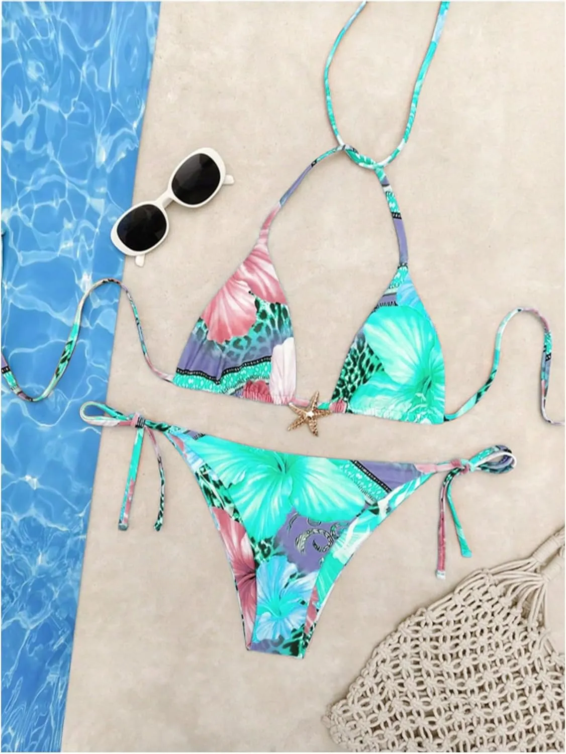 Women's 2 Piece Leopard Floral Bikini Sets Halter Triangle String Bathing Suit Starfish Metal Swimsuits