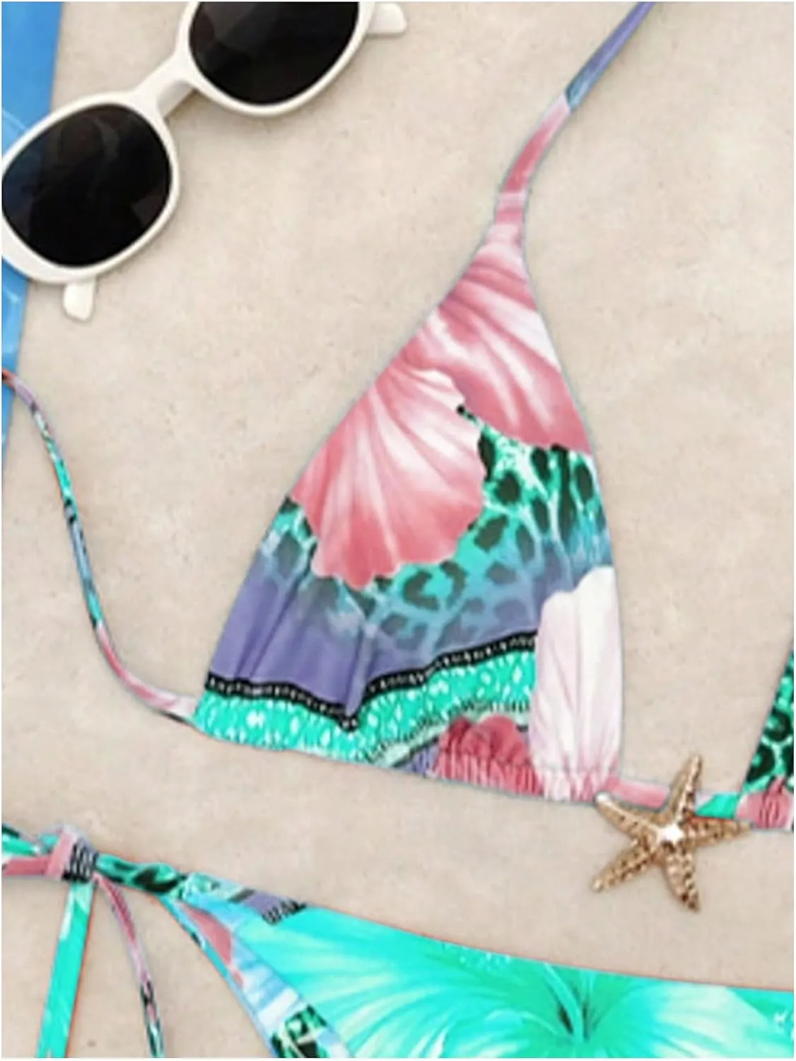 Women's 2 Piece Leopard Floral Bikini Sets Halter Triangle String Bathing Suit Starfish Metal Swimsuits