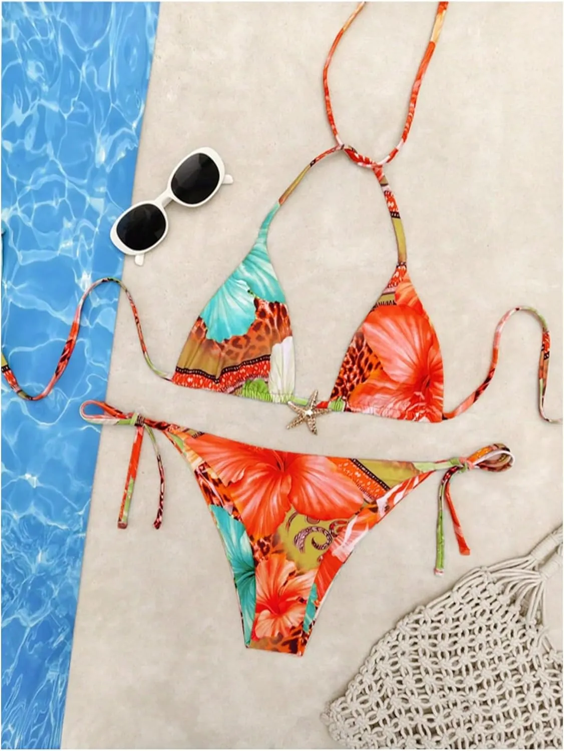 Women's 2 Piece Leopard Floral Bikini Sets Halter Triangle String Bathing Suit Starfish Metal Swimsuits