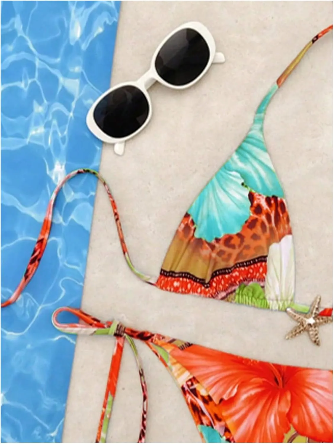 Women's 2 Piece Leopard Floral Bikini Sets Halter Triangle String Bathing Suit Starfish Metal Swimsuits