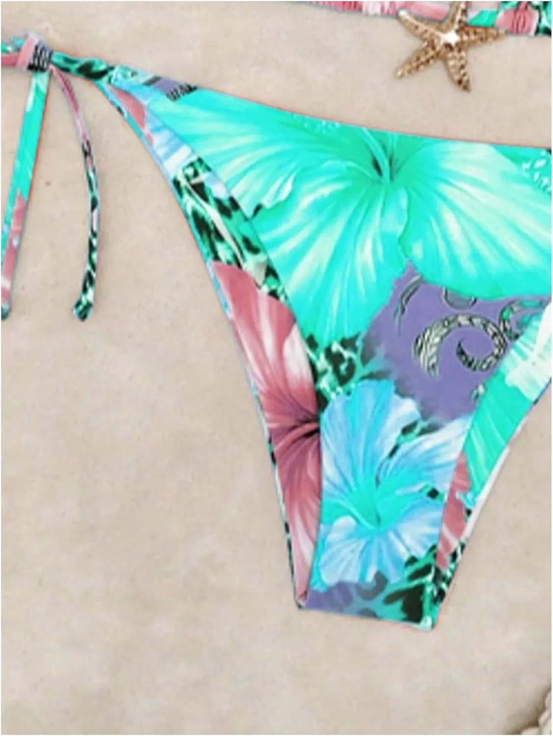Women's 2 Piece Leopard Floral Bikini Sets Halter Triangle String Bathing Suit Starfish Metal Swimsuits