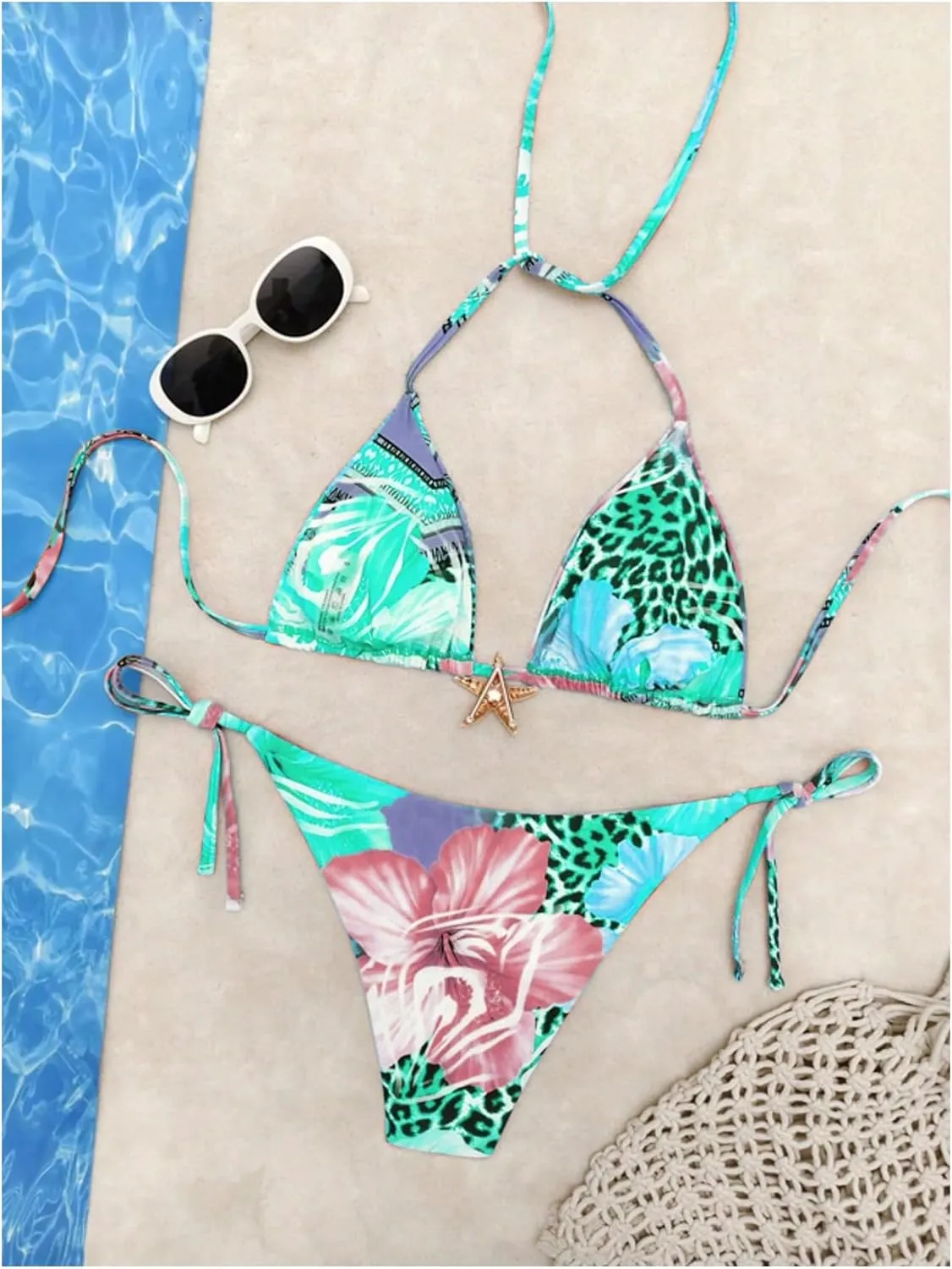 Women's 2 Piece Leopard Floral Bikini Sets Halter Triangle String Bathing Suit Starfish Metal Swimsuits