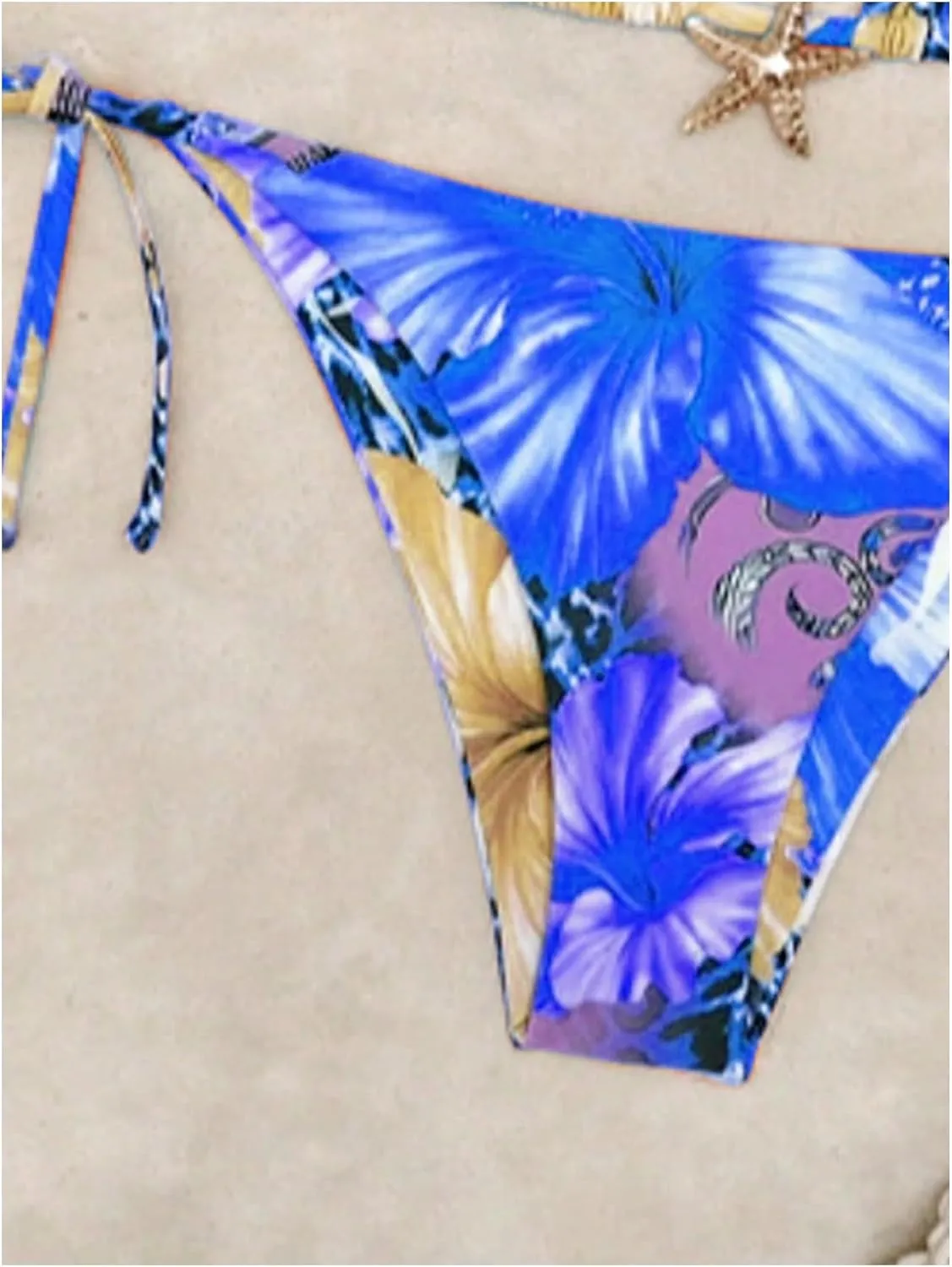 Women's 2 Piece Leopard Floral Bikini Sets Halter Triangle String Bathing Suit Starfish Metal Swimsuits