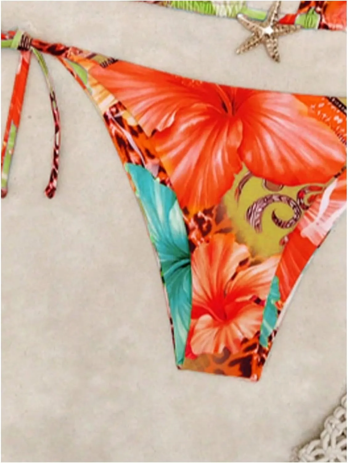 Women's 2 Piece Leopard Floral Bikini Sets Halter Triangle String Bathing Suit Starfish Metal Swimsuits