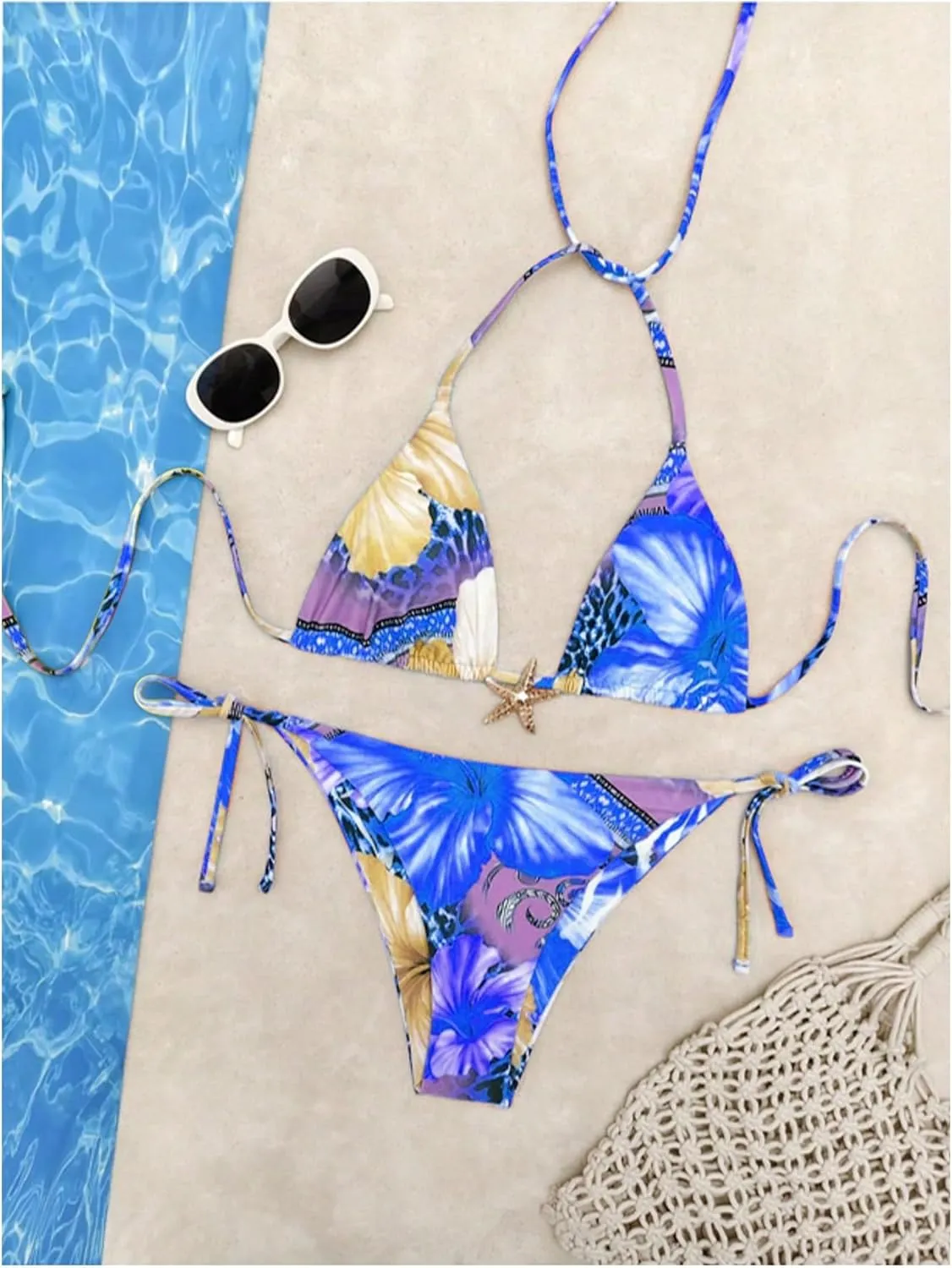 Women's 2 Piece Leopard Floral Bikini Sets Halter Triangle String Bathing Suit Starfish Metal Swimsuits