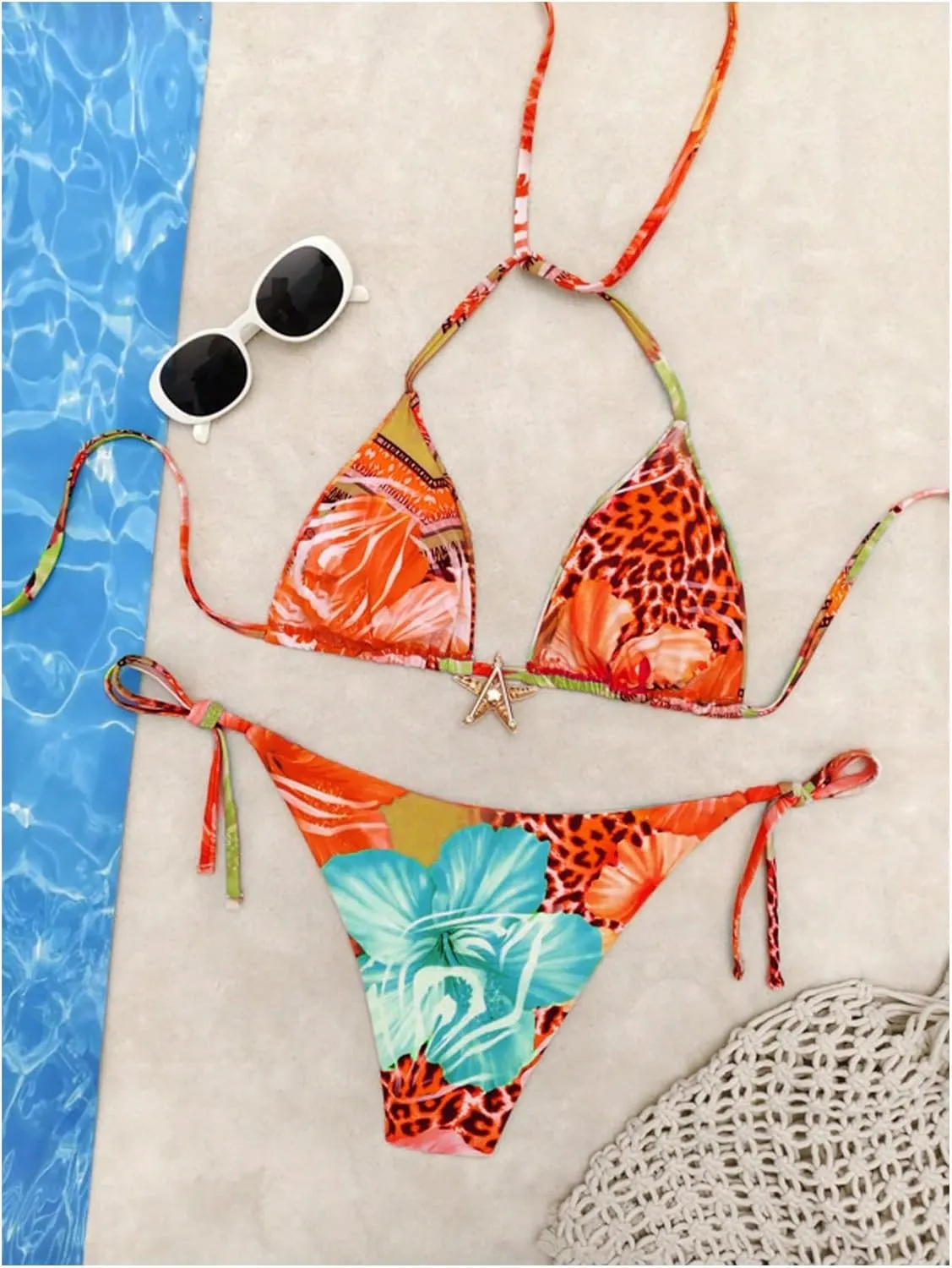 Women's 2 Piece Leopard Floral Bikini Sets Halter Triangle String Bathing Suit Starfish Metal Swimsuits