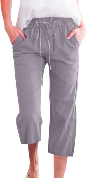 Women's Bottoms Solid Color Cotton Linen Elastic Seven Pants Beach Casual Pants Linen Summer Drawstring Waist Wide Leg