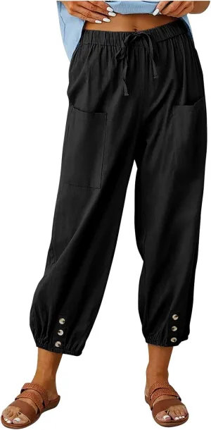 Women's Capri Pants High Waist Drawstring Cinch Bottom with Button Cotton Loose Casual Trouser with Pockets