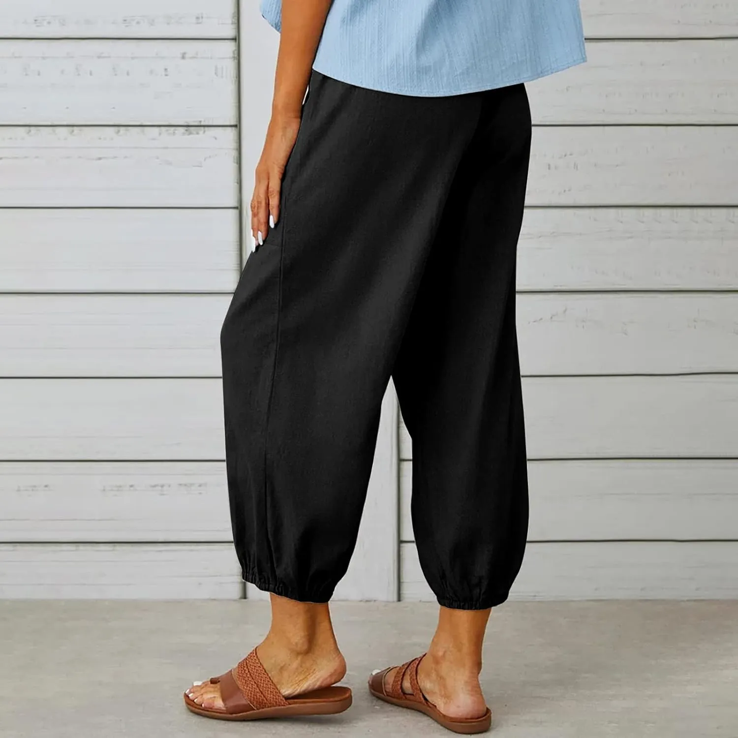 Women's Capri Pants High Waist Drawstring Cinch Bottom with Button Cotton Loose Casual Trouser with Pockets