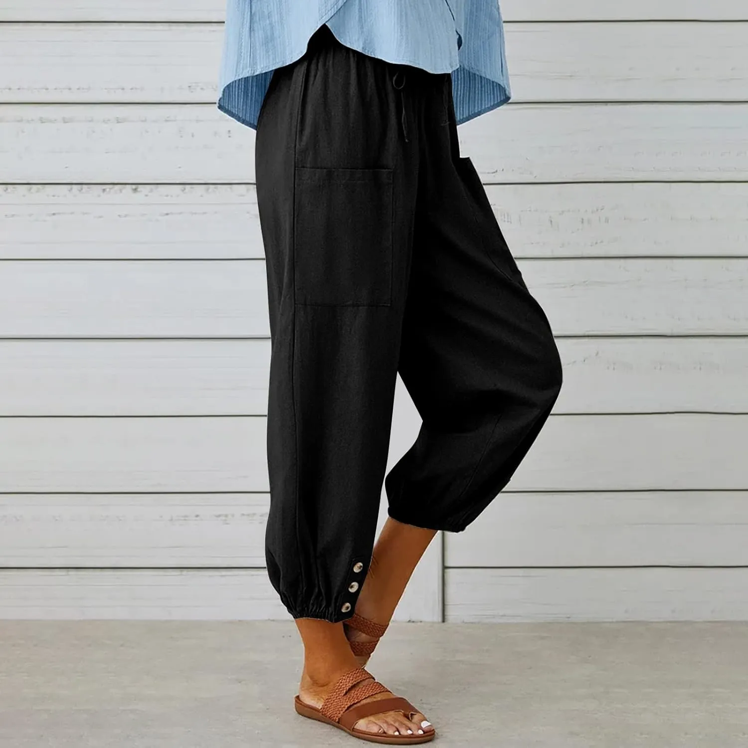 Women's Capri Pants High Waist Drawstring Cinch Bottom with Button Cotton Loose Casual Trouser with Pockets