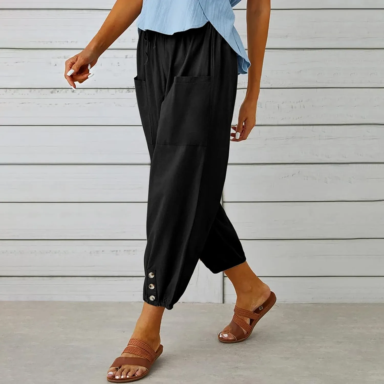 Women's Capri Pants High Waist Drawstring Cinch Bottom with Button Cotton Loose Casual Trouser with Pockets