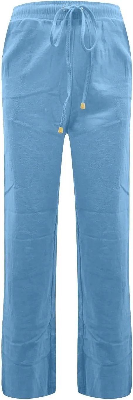Womens Casual Cotton Linen Pants Drawstring Elastic Waist Wide Leg Trousers Beach Vacation Outfits