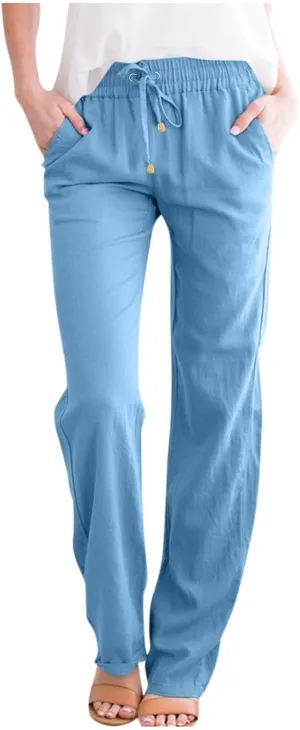 Womens Casual Cotton Linen Pants Drawstring Elastic Waist Wide Leg Trousers Beach Vacation Outfits