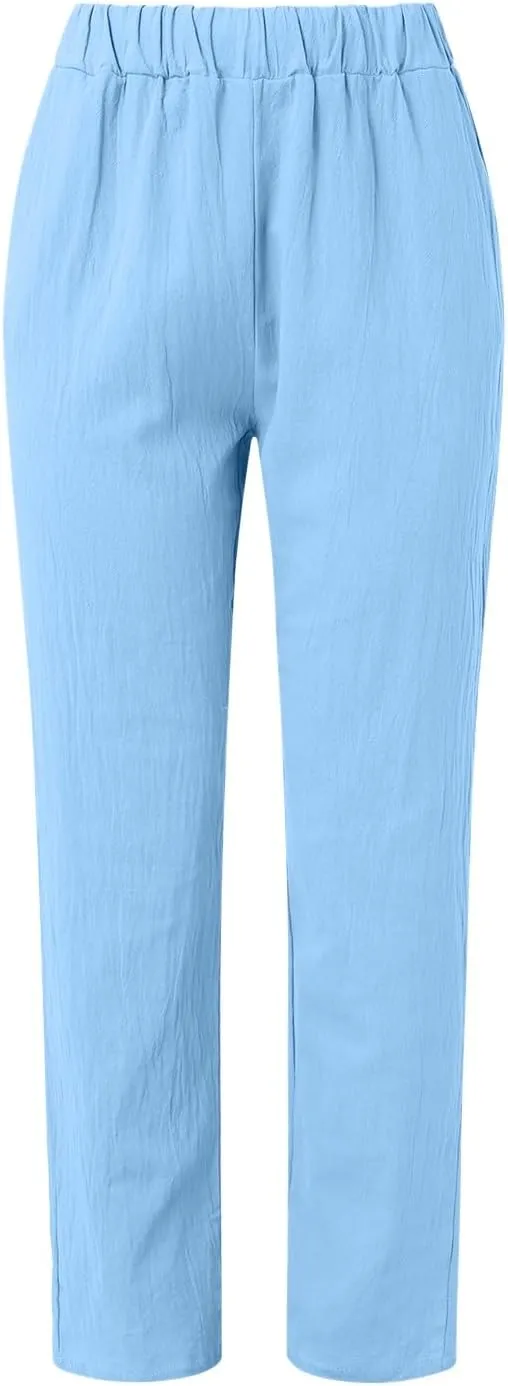 Women's Casual Pants Striped Side Button Elastic Waist Capri Pants Trendy Straight Leg Linen Pants with Pocket Baggy Trousers