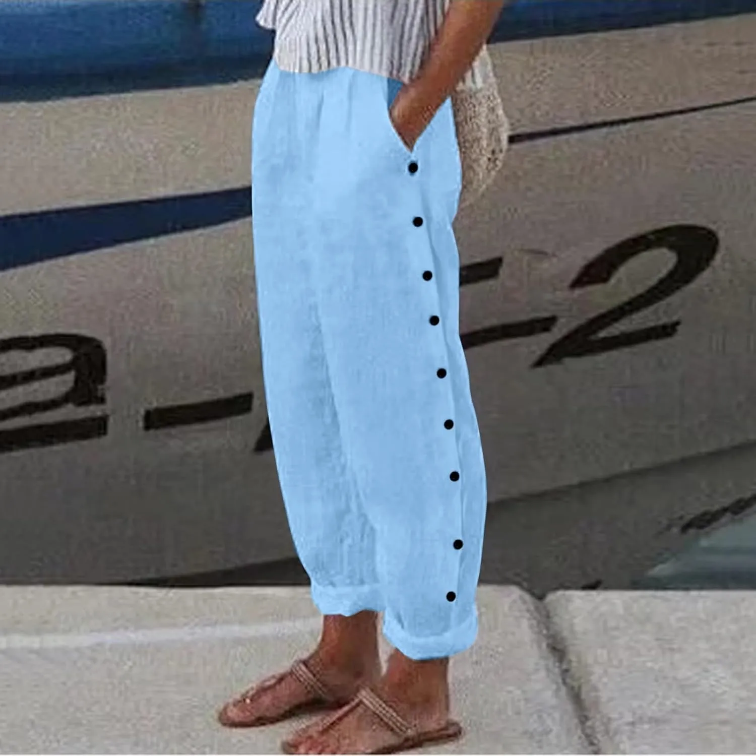 Women's Casual Pants Striped Side Button Elastic Waist Capri Pants Trendy Straight Leg Linen Pants with Pocket Baggy Trousers