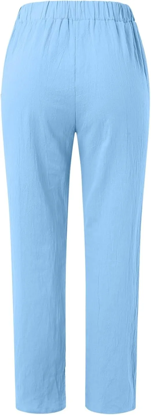 Women's Casual Pants Striped Side Button Elastic Waist Capri Pants Trendy Straight Leg Linen Pants with Pocket Baggy Trousers