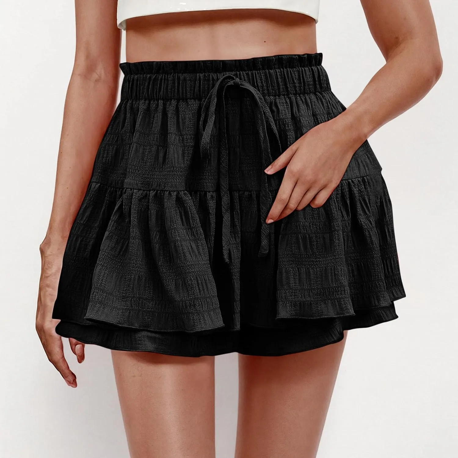 Women's Casual Skorts Fashion Ruffle Drawstring Skirt with Shorts Summer Solid High Waisted Skort 2025 Beach Clothes