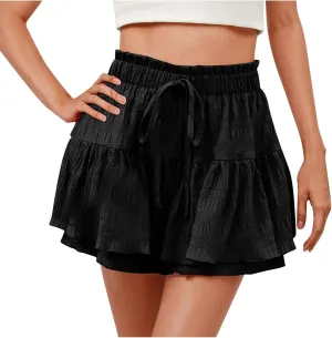 Women's Casual Skorts Fashion Ruffle Drawstring Skirt with Shorts Summer Solid High Waisted Skort 2025 Beach Clothes