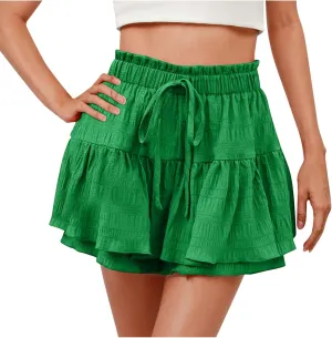 Women's Casual Skorts Fashion Ruffle Drawstring Skirt with Shorts Summer Solid High Waisted Skort 2025 Beach Clothes