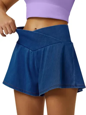 Womens Crossover Tennis Flowy Skorts Knit Denim Athletic Spandex Butterfly Shorts with Pockets
