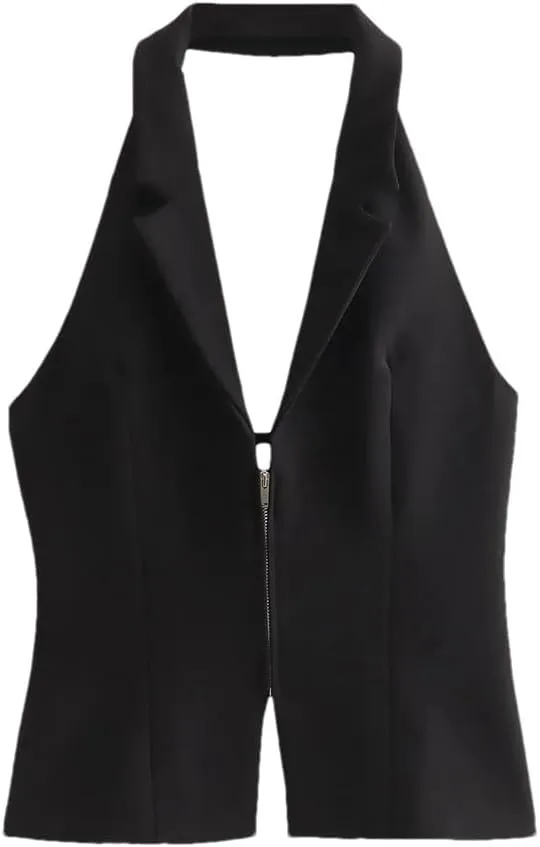 Women's Deep V-Neck Full Zipper Short Business Office Sleeveless Camisole