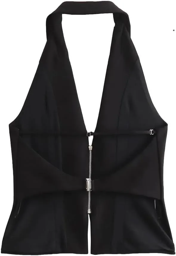 Women's Deep V-Neck Full Zipper Short Business Office Sleeveless Camisole