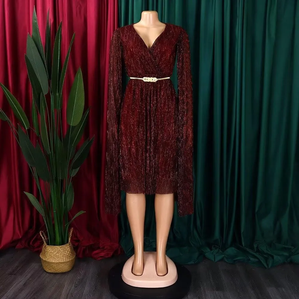 Women's Elegant Cloak Long Sleeve Sexy V Neck Sequin Sparkly Back Zipper Bodycon Midi Cocktail Dress with Belt
