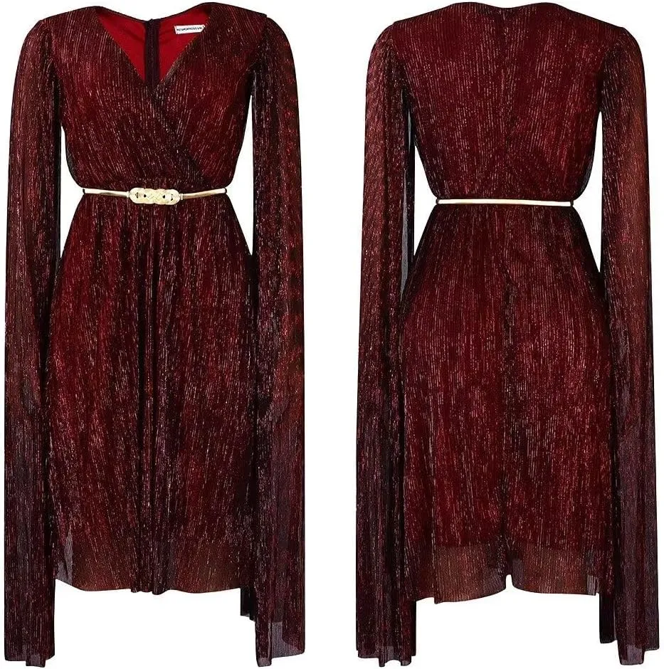 Women's Elegant Cloak Long Sleeve Sexy V Neck Sequin Sparkly Back Zipper Bodycon Midi Cocktail Dress with Belt