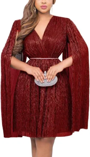 Women's Elegant Cloak Long Sleeve Sexy V Neck Sequin Sparkly Back Zipper Bodycon Midi Cocktail Dress with Belt